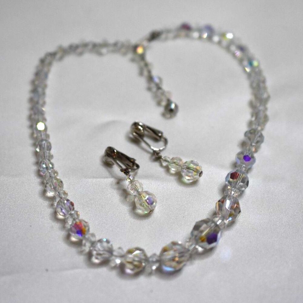 Enchanting Vintage Aurora Borealis Dangle Clio On Earrings 13" Y2K Glam Necklace